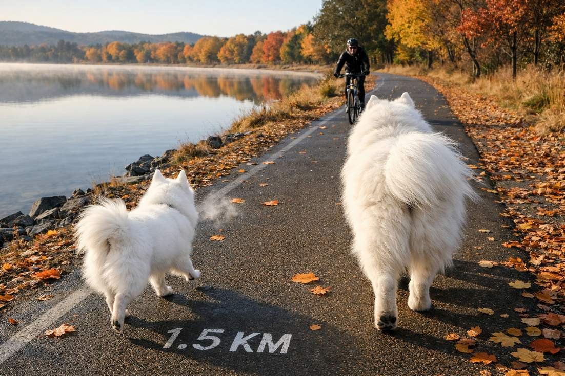 Japanese Spitz And Samoyed Walking
