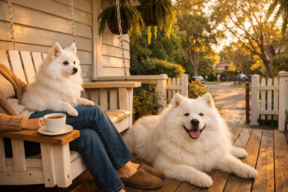 Japanese Spitz And Samoyed With Owner