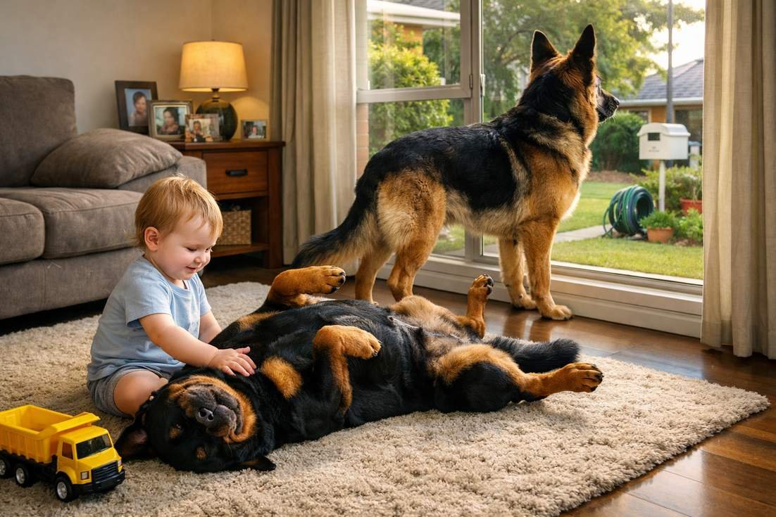 Rottweiler And German Shepherd With Kid