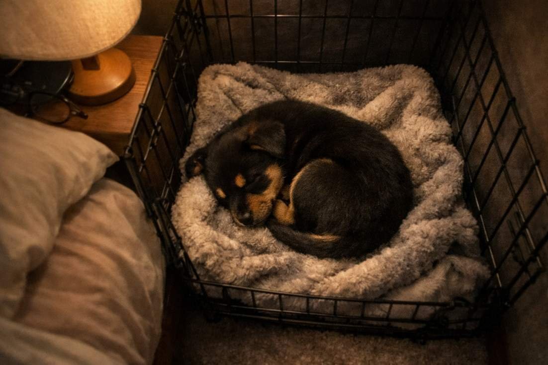 Small Kelpie Cross Puppy Sleeping On A Blanket Inside A Crate