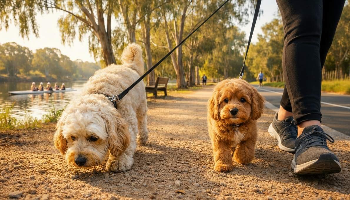 Spoodle And Cavoodle Walking With Owner