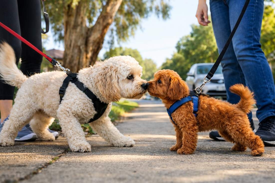 Spoodle And Cavoodle With Their Owner