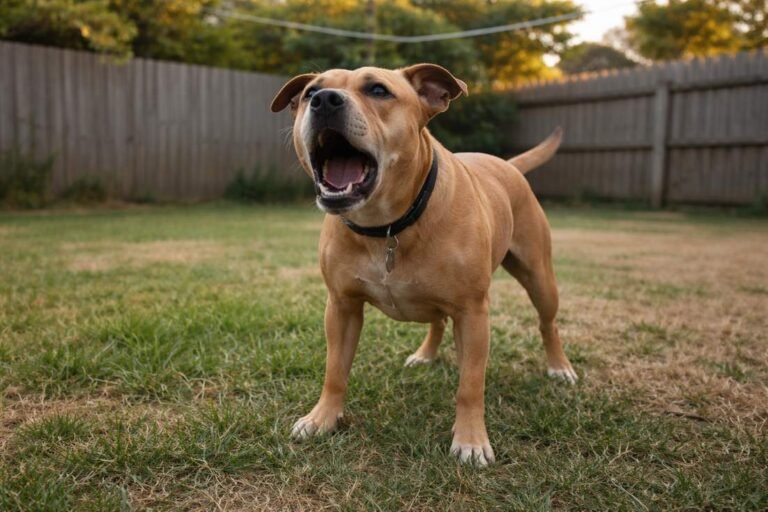 Staffy Cross Dog Barking In A Backyard