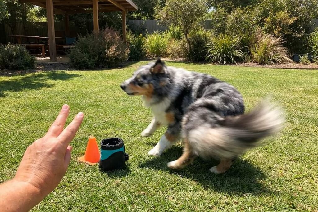 A Australian shepherd performing a spin trick in a backyard during training