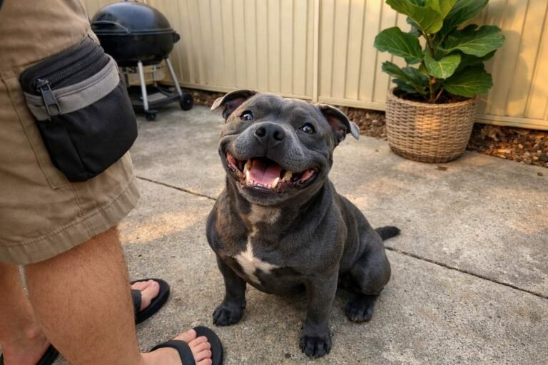 A Blue Staffy Sitting With A Goofy Grin During Training