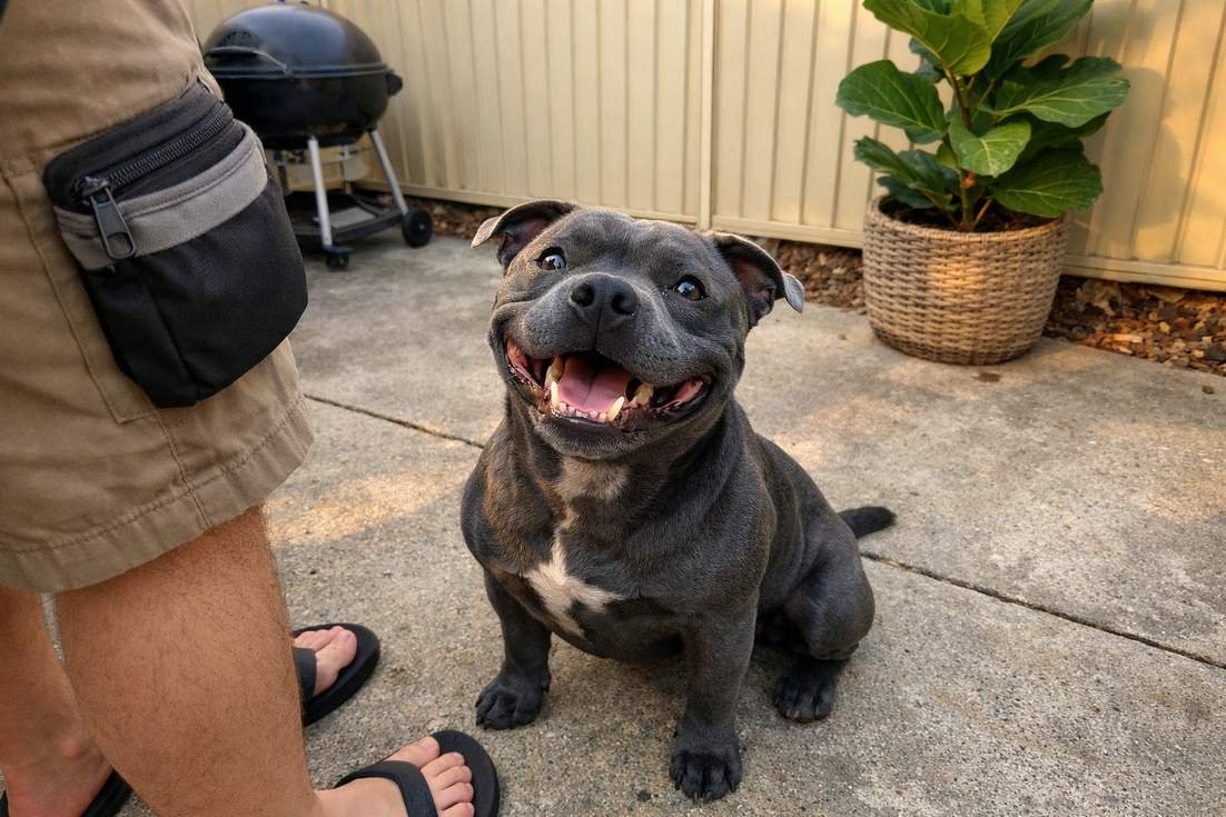 A Blue Staffy Sitting With A Goofy Grin During Training