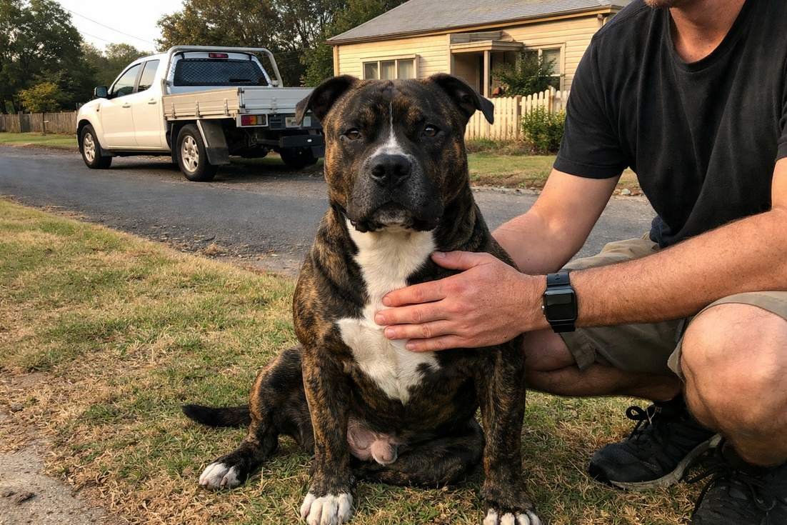 A brindle American staffy in a focused sit on a nature strip beside a road