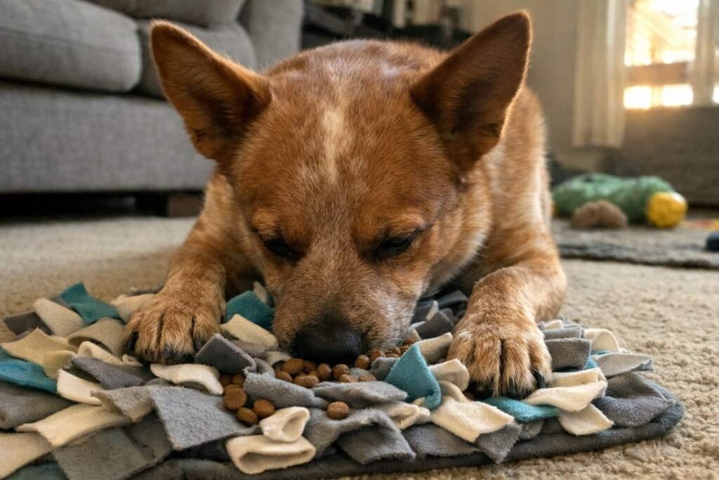 A Cattle Dog Mix Working Intently At A Snuffle Mat On The Floor