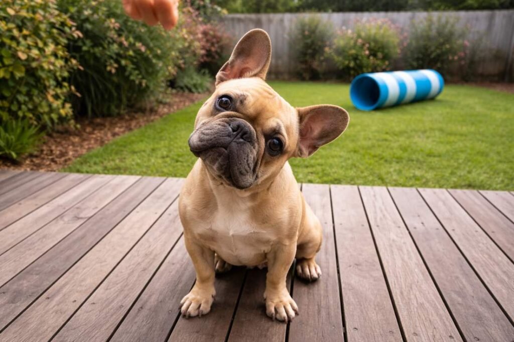 A French Bulldog With A Tilted Head Sitting On A Timber Deck During Training