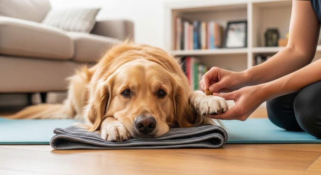 Home 2 A Golden Retriever Lying Calmly While Its Owner Handles Its Paw During Cooperative Care Training