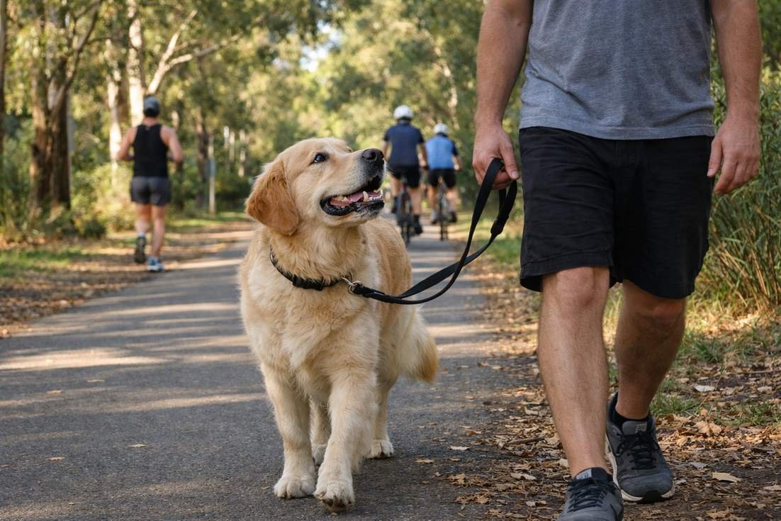 A Golden Retriever Walking Calmly On A Loose Lead Beside Its Owner