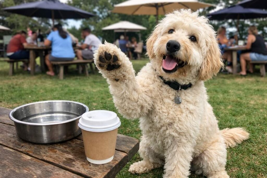 A Groodle Offering A Paw Shake At A Cafy