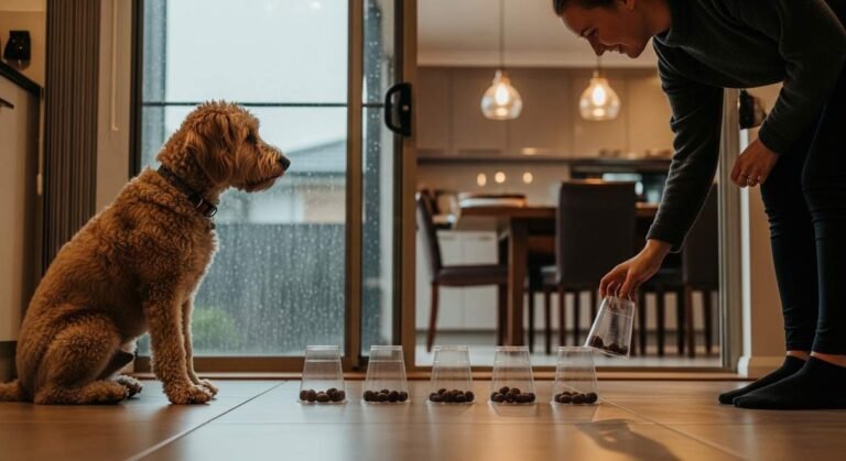 A Groodle Watching Its Owner Set Up A Cup Hiding Game On The Floor During A Rainy Day
