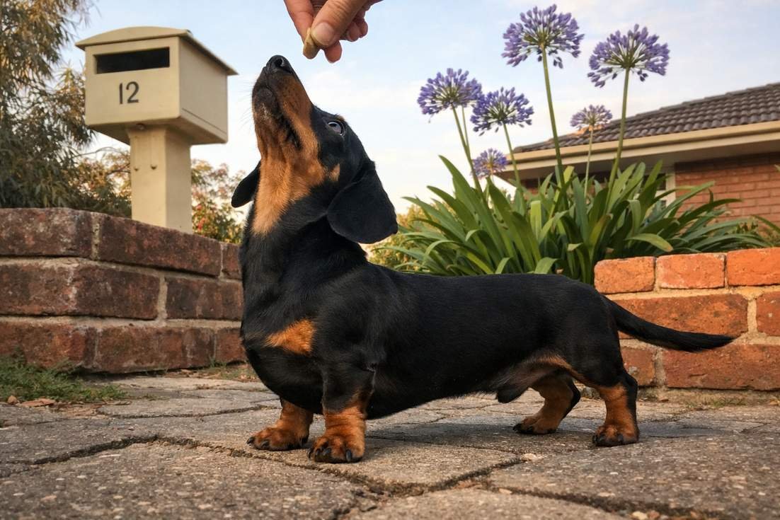 A Miniature Dachshund Following A Treat Lure On A Garden Path