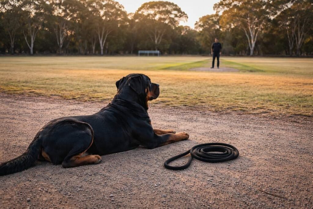 Home 2 A Rottweiler In A Steady Down Stay On A Gravel Path