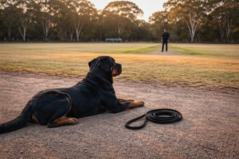 A Rottweiler In A Steady Down Stay On A Gravel Path