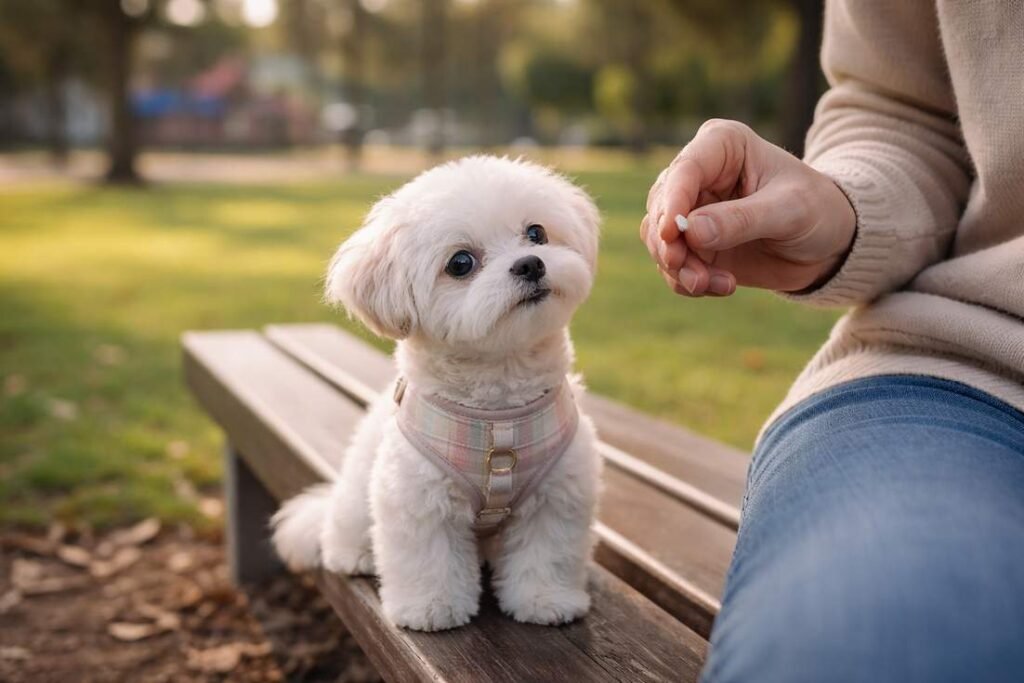 Home 1 A Small White Maltipoo In A Pastel Harness Sitting Attentively Beside Its Owner