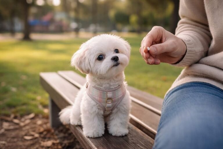 A Small White Maltipoo In A Pastel Harness Sitting Attentively Beside Its Owner