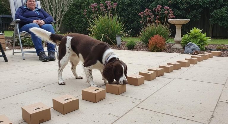 A Springer Spaniel Sniffing Along A Row Of Cardboard Boxes During Nose Work In Backyard