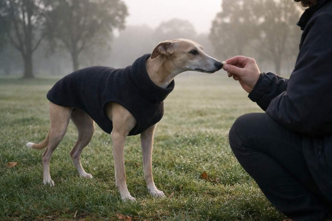 A Whippet In A Fleece Coat Standing On Dewy Grass At A Park