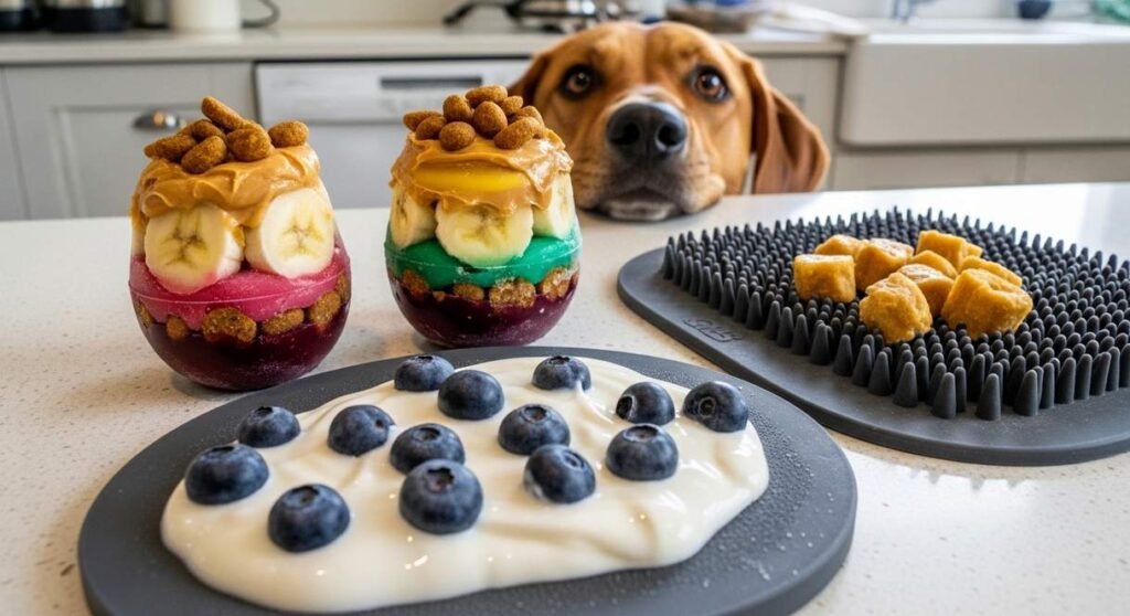 Frozen Kongs And A Lick Mat With Yoghurt And Blueberries On A Kitchen Bench With A Dog Looking Up Longingly