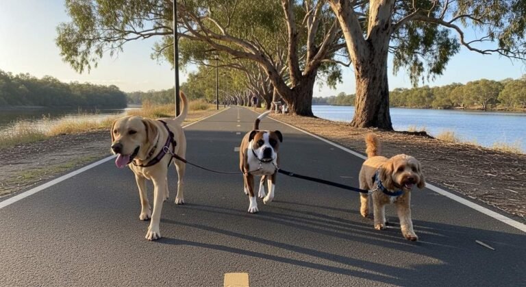 Three Different Breeds Walking Together Along A Shared Path Beside A River
