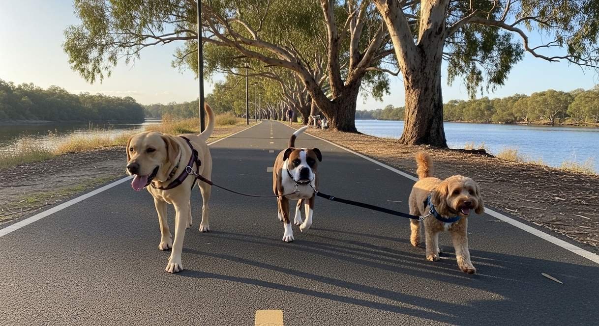 Three Different Breeds Walking Together Along A Shared Path Beside A River