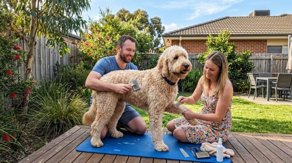 Couple Grooming Groodle Dog