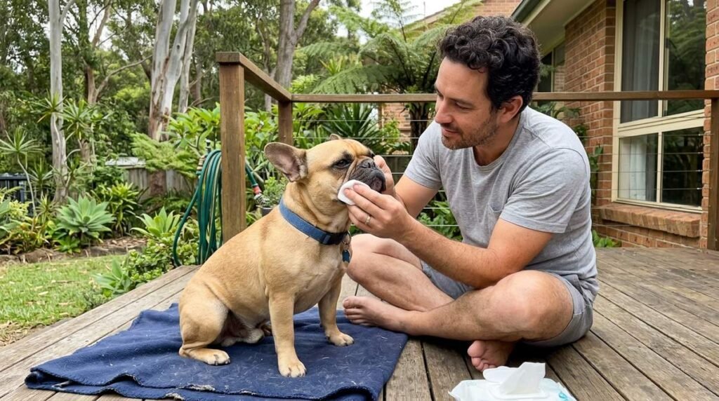 Owner Cleaning French Bulldog