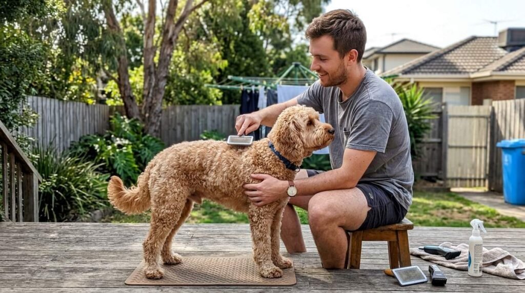 Owner Grooming Spoodle Dog
