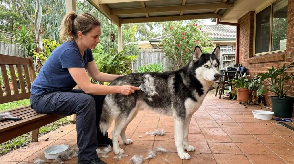 Woman Grooming Siberian Husky