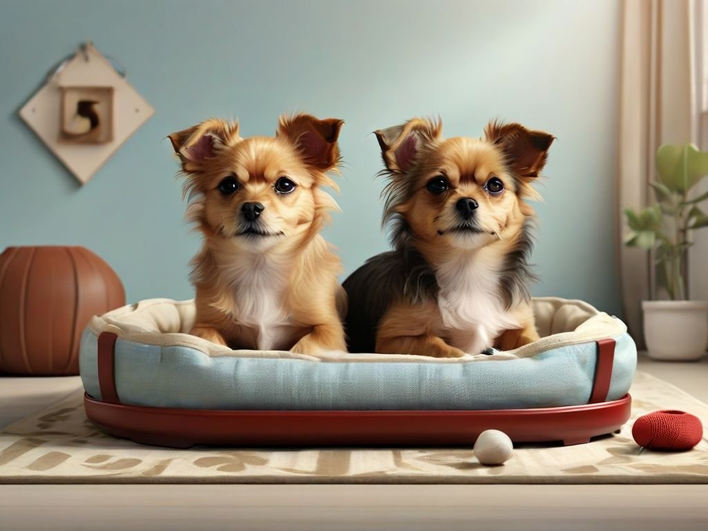 two Dogs sitting on the dog bed