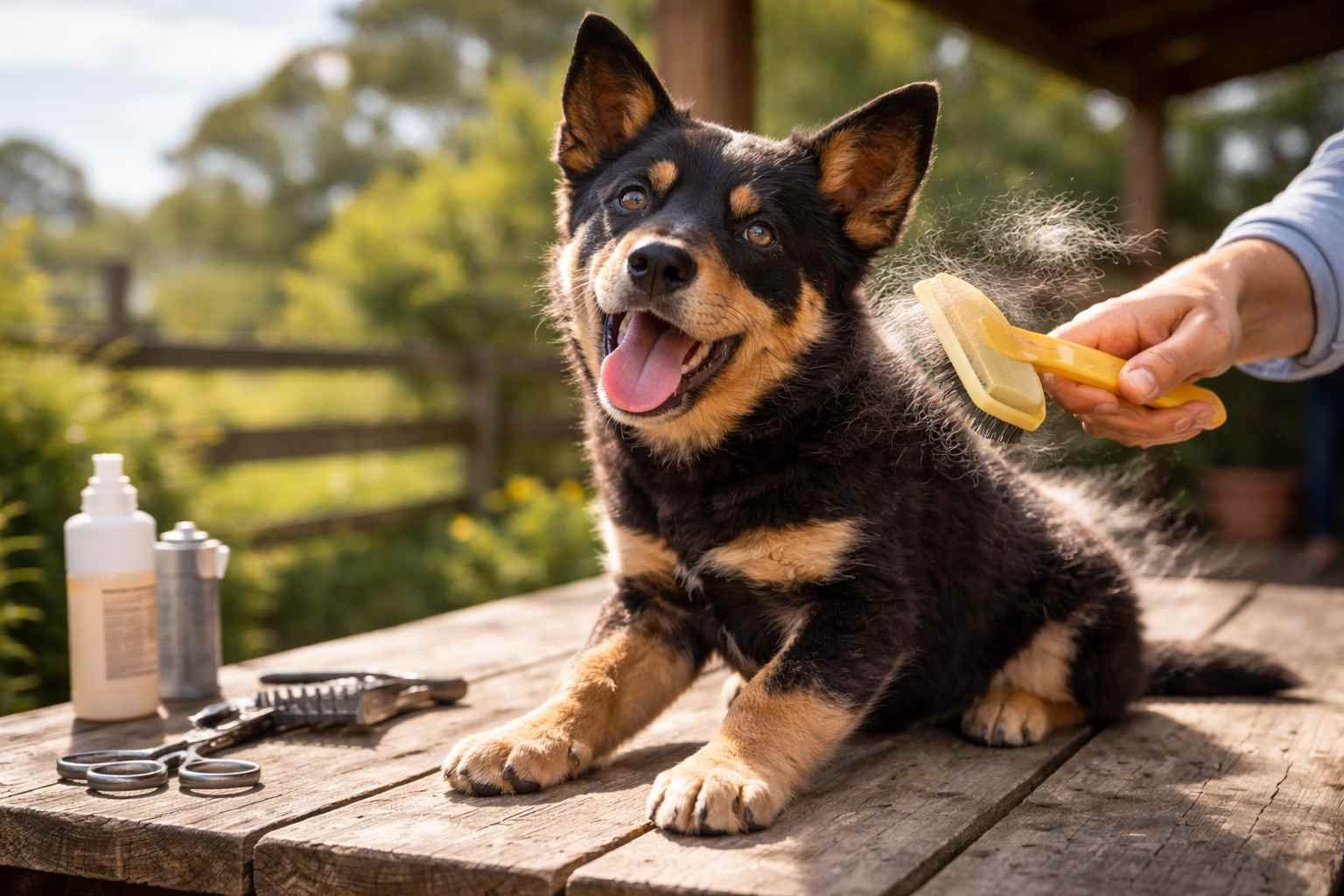 Australian Kelpie being brushed outdoors on a wooden table, with loose fur visible during a grooming session