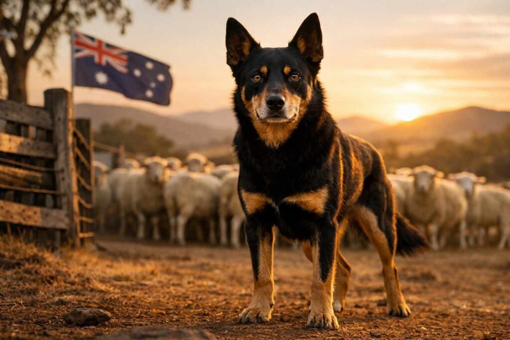 Australian Kelpie with black and tan coat standing alert on Australian farm