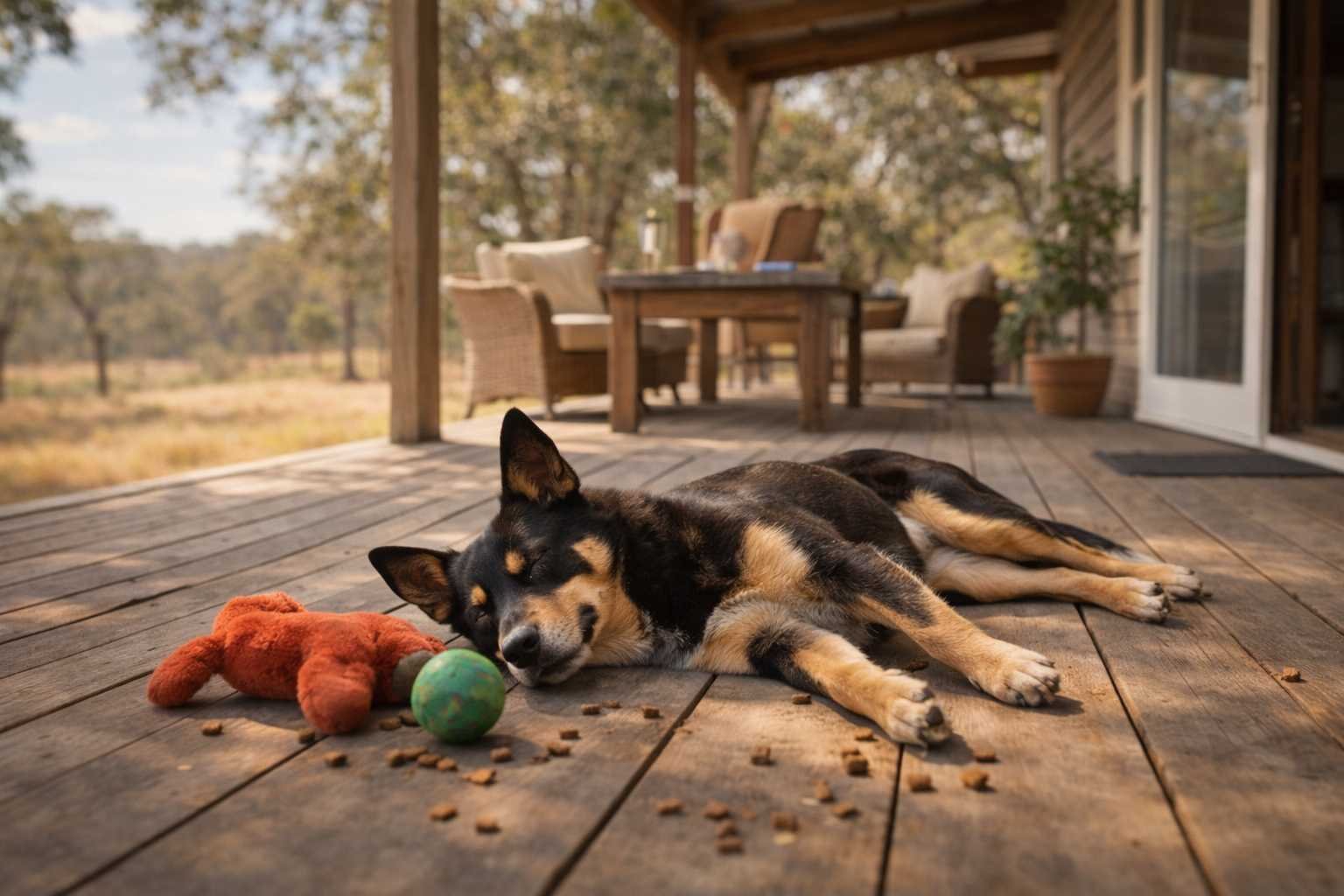 Australian Kelpie lying asleep on a wooden verandah