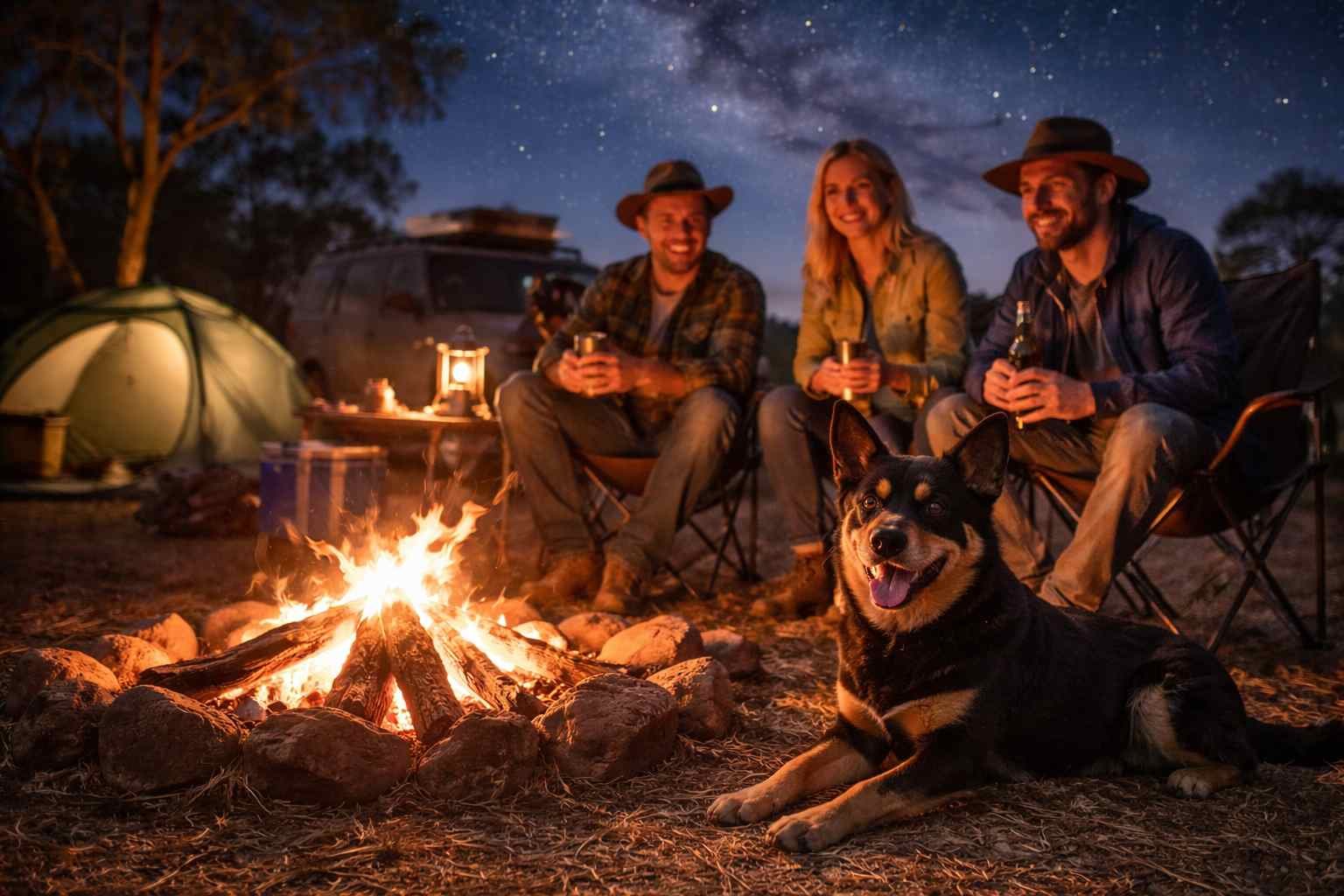 Australian Kelpie resting beside a campfire with a group of people