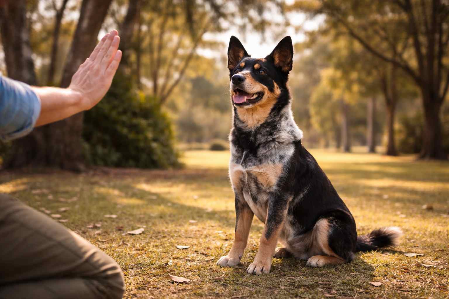 Australian Kelpie training session outdoors with a Kelpie sitting attentively