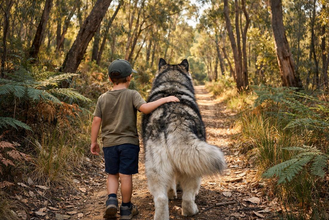 Alaskan Malamute On Walk With Kid