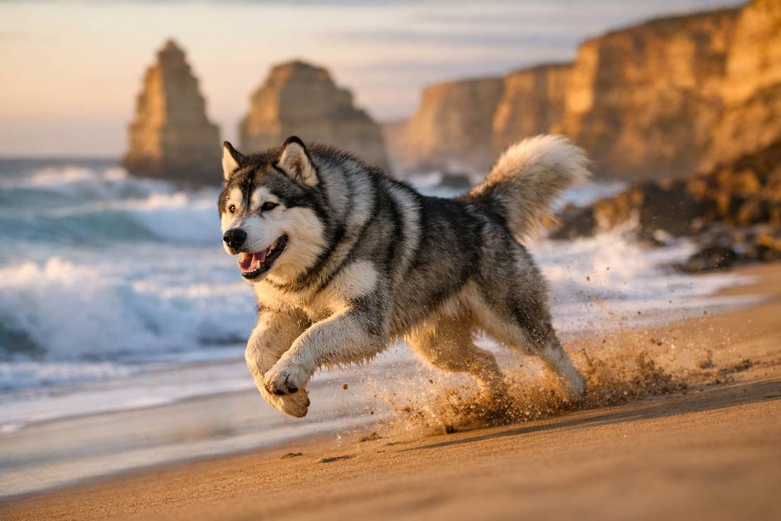 Alaskan Malamute Running At Beach