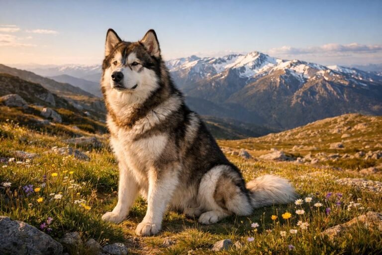Alaskan Malamute Sitting In Mountain Area