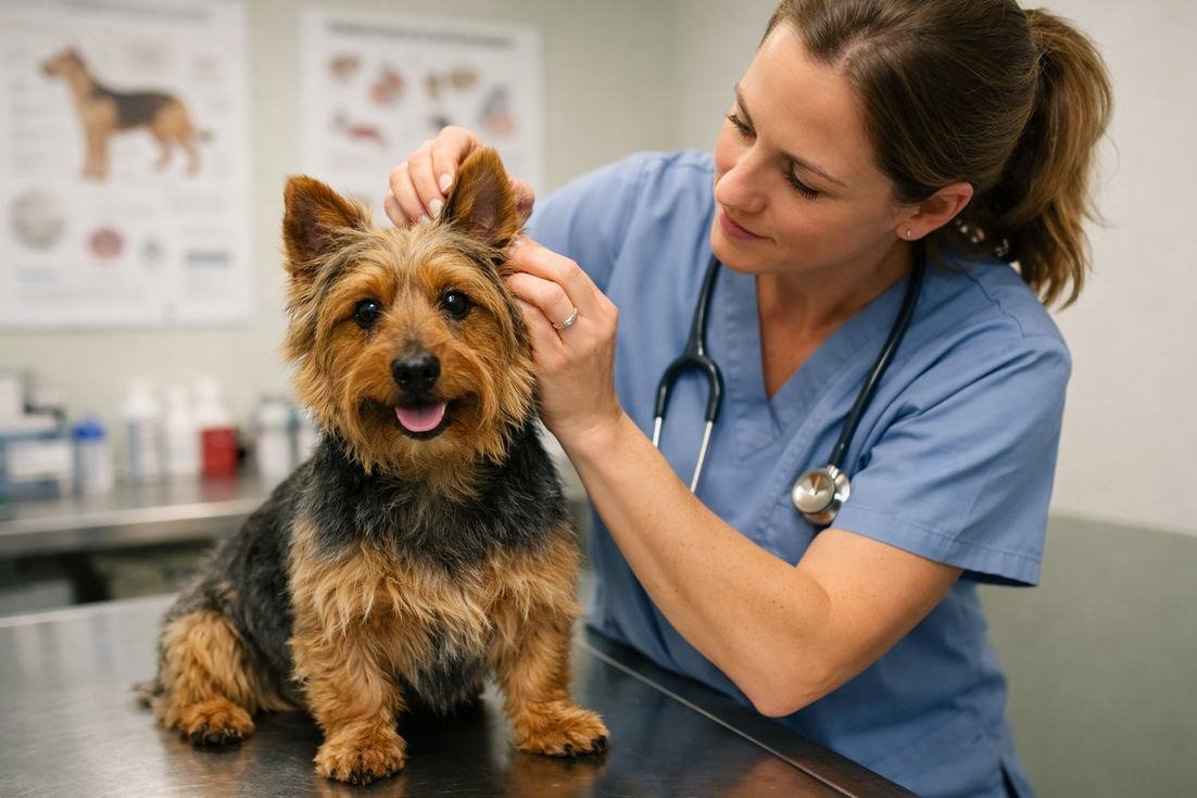Australian Terrier Blue Tan Coat During Gentle Vet Ear Examination
