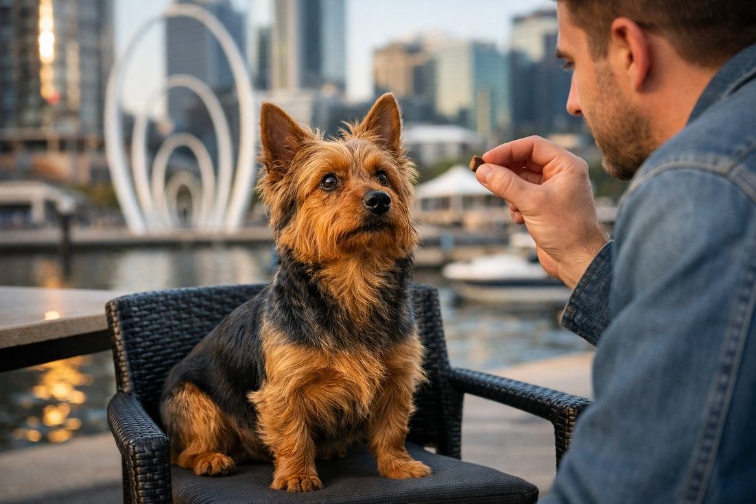 Australian Terrier Blue Tan Coat In Focused Sit During Training