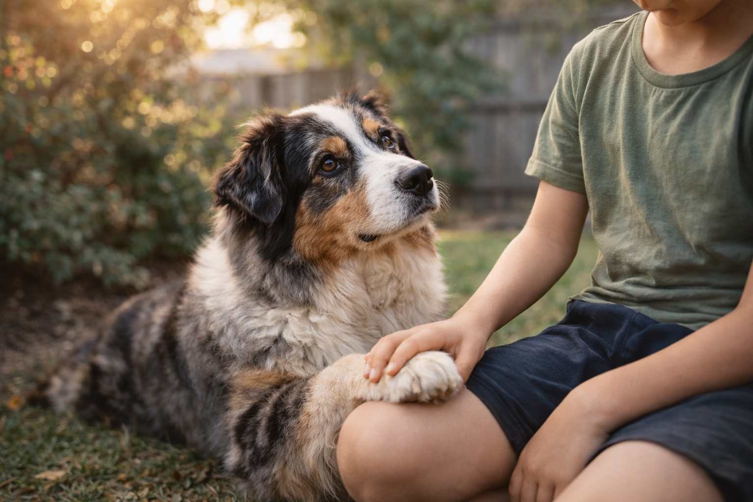 Australian shepherd family dog with child backyard