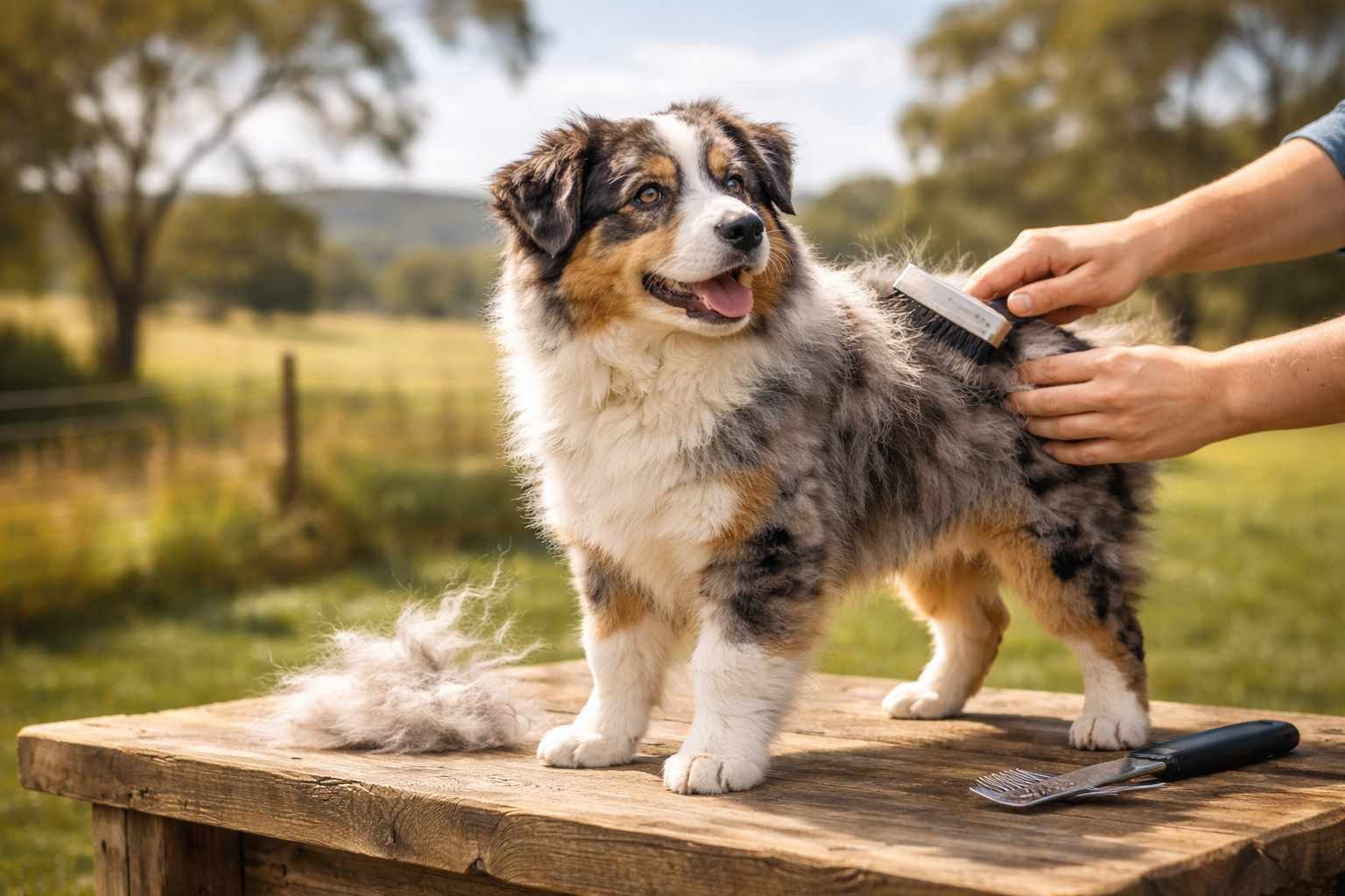 Australian shepherd puppy grooming outdoor table