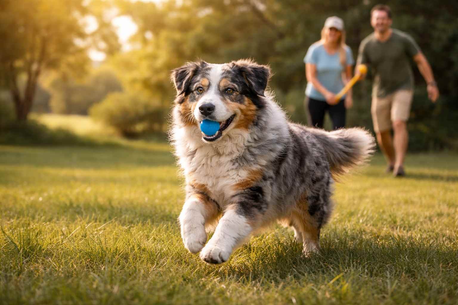 Australian shepherd running fetch park exercise