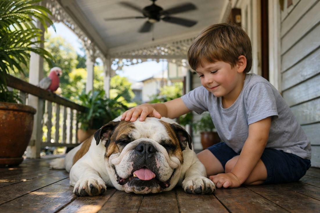 British Bulldog Brindle White Relaxing With Child On Queenslander Verandah
