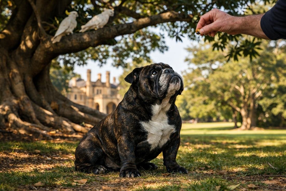 British Bulldog Dark Brindle Training Under Fig Tree Parramatta Park