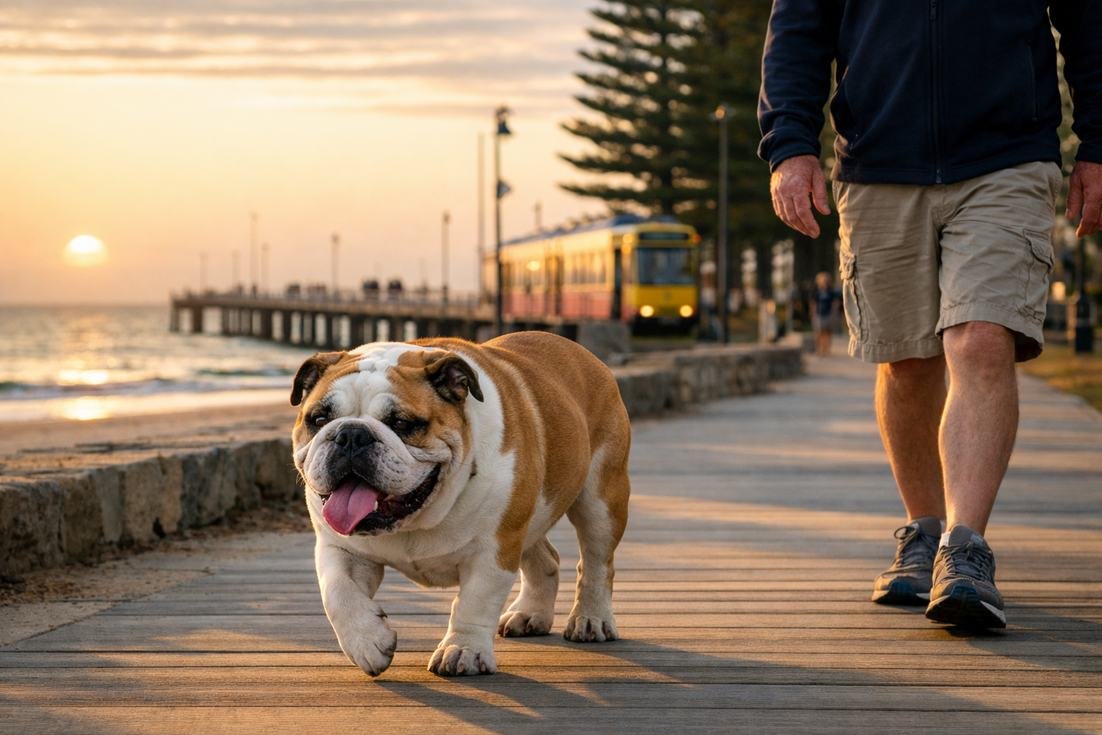British Bulldog Fawn White Morning Walk At Glenelg Beach Boardwalk