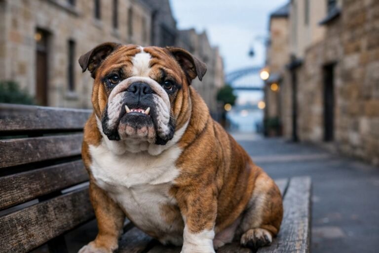 British Bulldog Red Brindle Portrait At The Rocks Sydney Morning