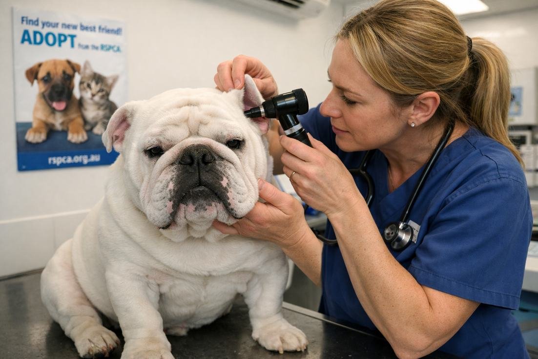 British Bulldog White Coat During Vet Ear And Skin Fold Checkup